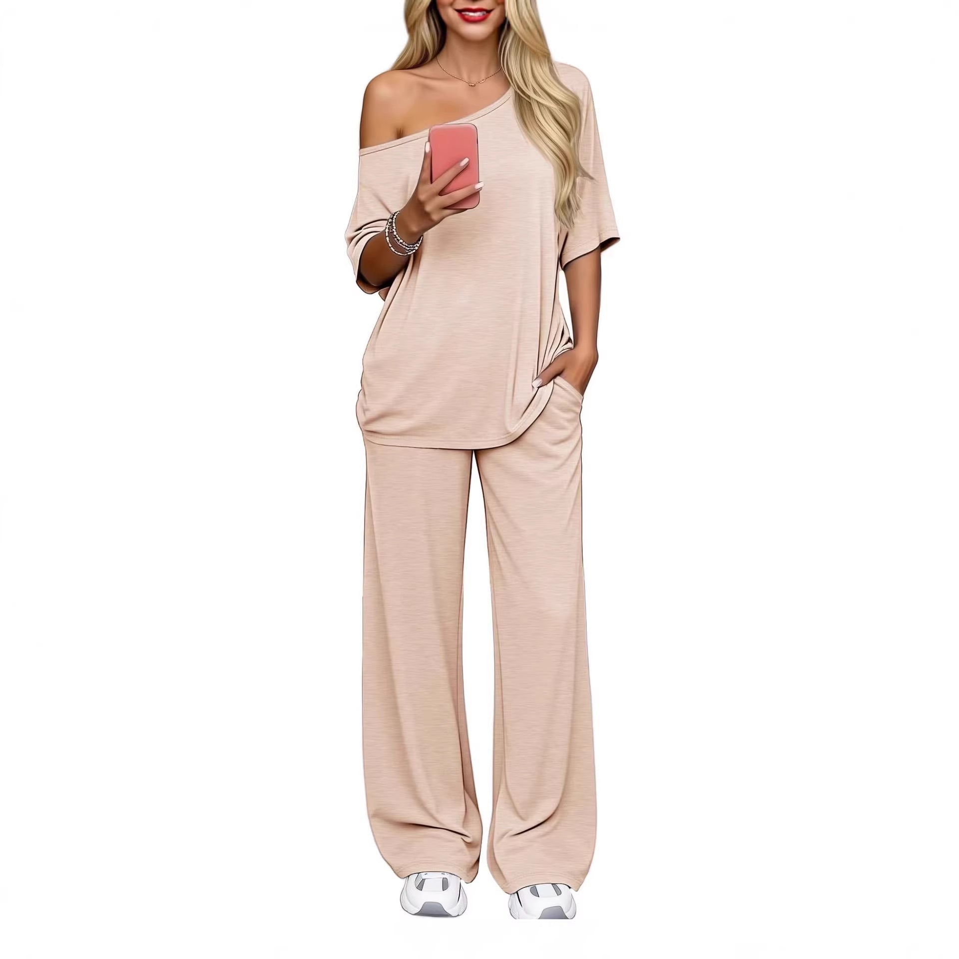 Off-shoulder Loose Casual Short-sleeve Top And Wide-leg Pants Two-piece Set