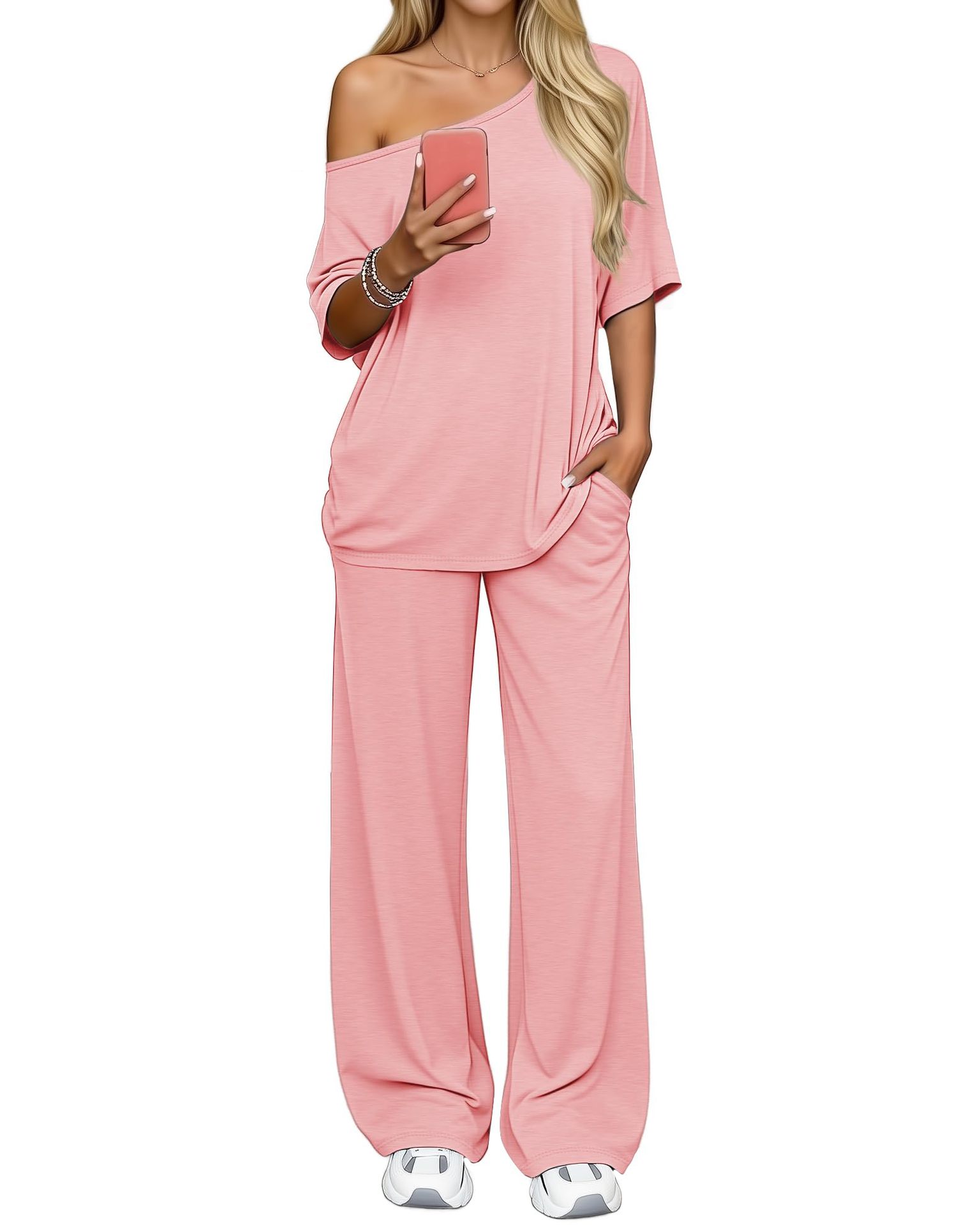 Off-shoulder Loose Casual Short-sleeve Top And Wide-leg Pants Two-piece Set