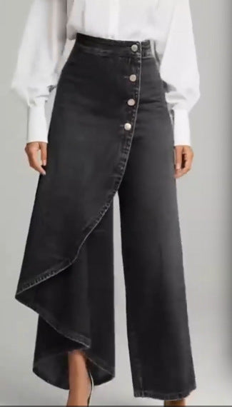Unique Straight-leg Pants Fashion Large Ruffled Buttons Trousers Women's Faux Jeans Clothing