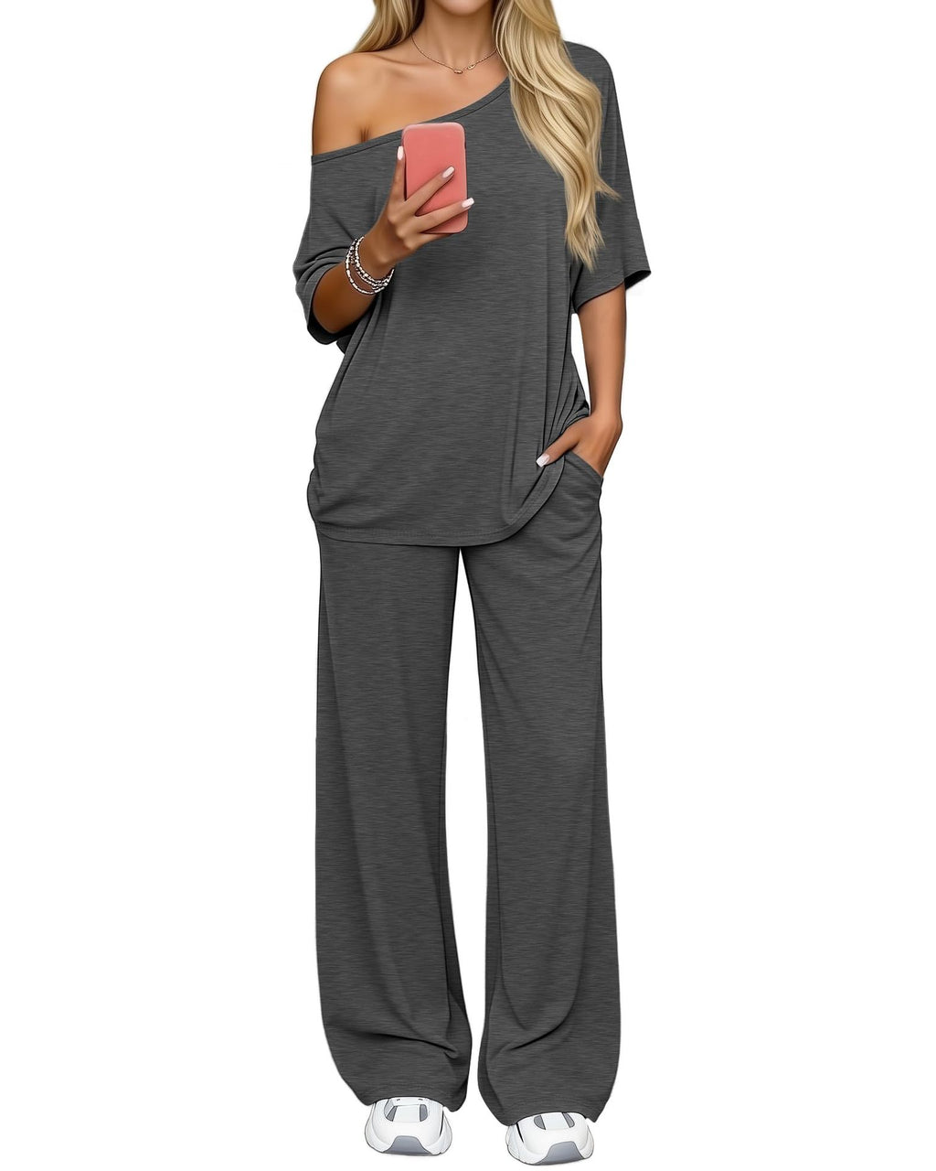 Off-shoulder Loose Casual Short-sleeve Top And Wide-leg Pants Two-piece Set