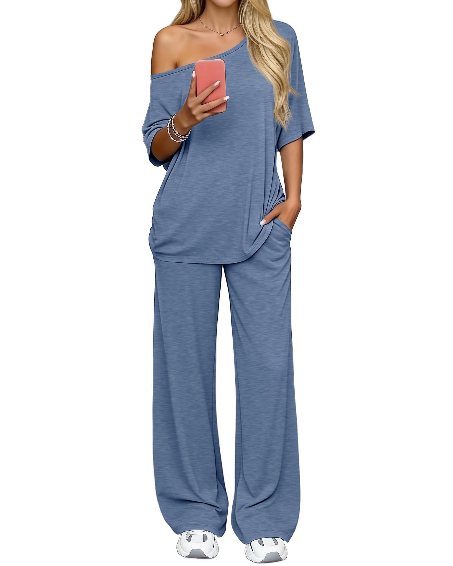 Off-shoulder Loose Casual Short-sleeve Top And Wide-leg Pants Two-piece Set