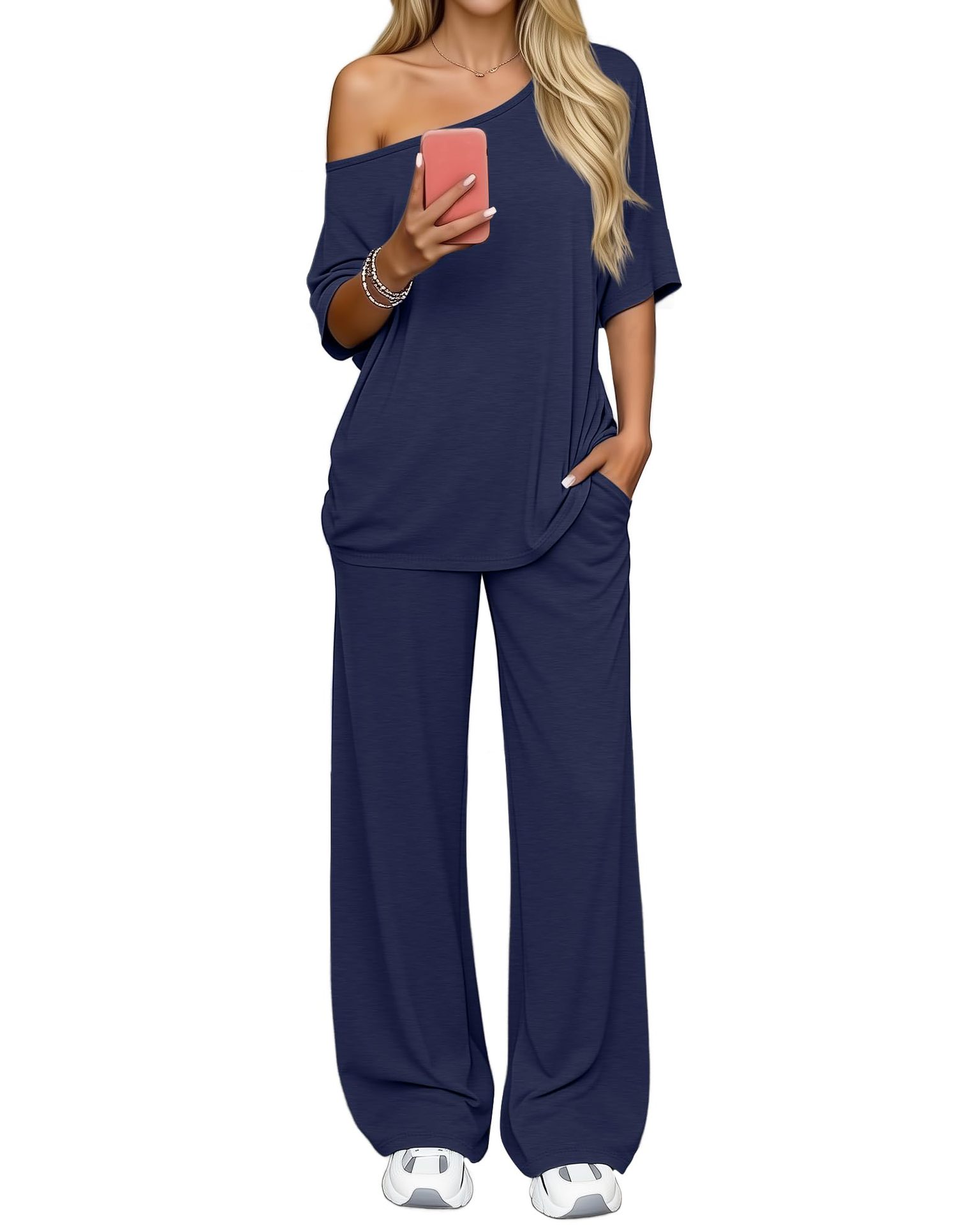 Off-shoulder Loose Casual Short-sleeve Top And Wide-leg Pants Two-piece Set