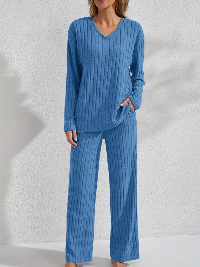 Ribbed Long-Sleeve Top And Pants Casual Comfortable Womens Loungewear Set