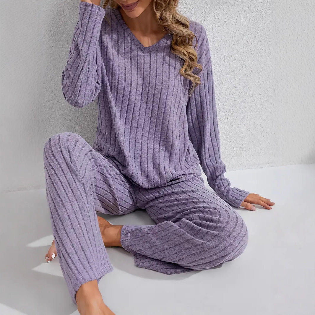 Ribbed Long-Sleeve Top And Pants Casual Comfortable Womens Loungewear Set