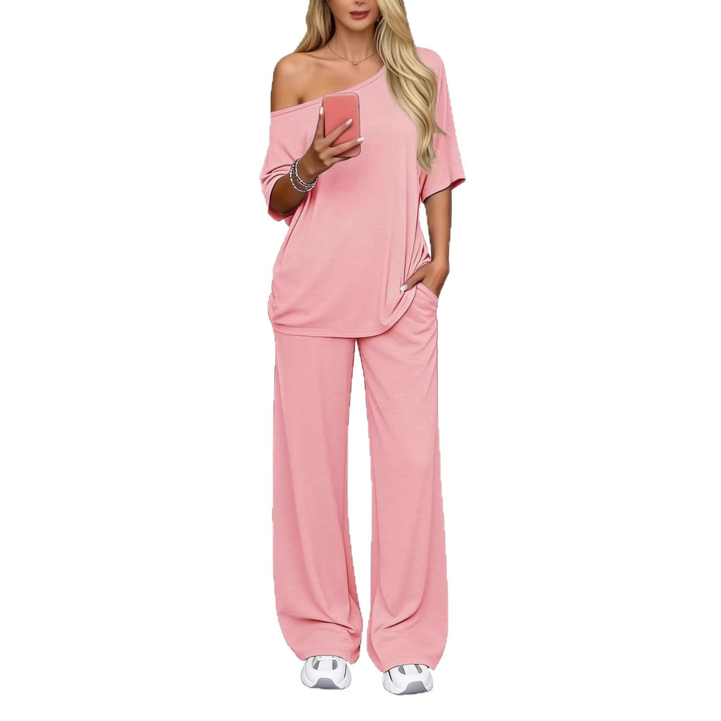 Off-shoulder Loose Casual Short-sleeve Top And Wide-leg Pants Two-piece Set