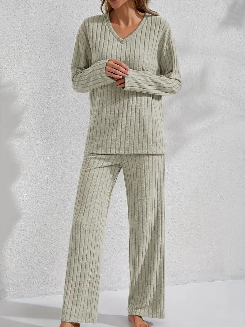 Ribbed Long-Sleeve Top And Pants Casual Comfortable Womens Loungewear Set