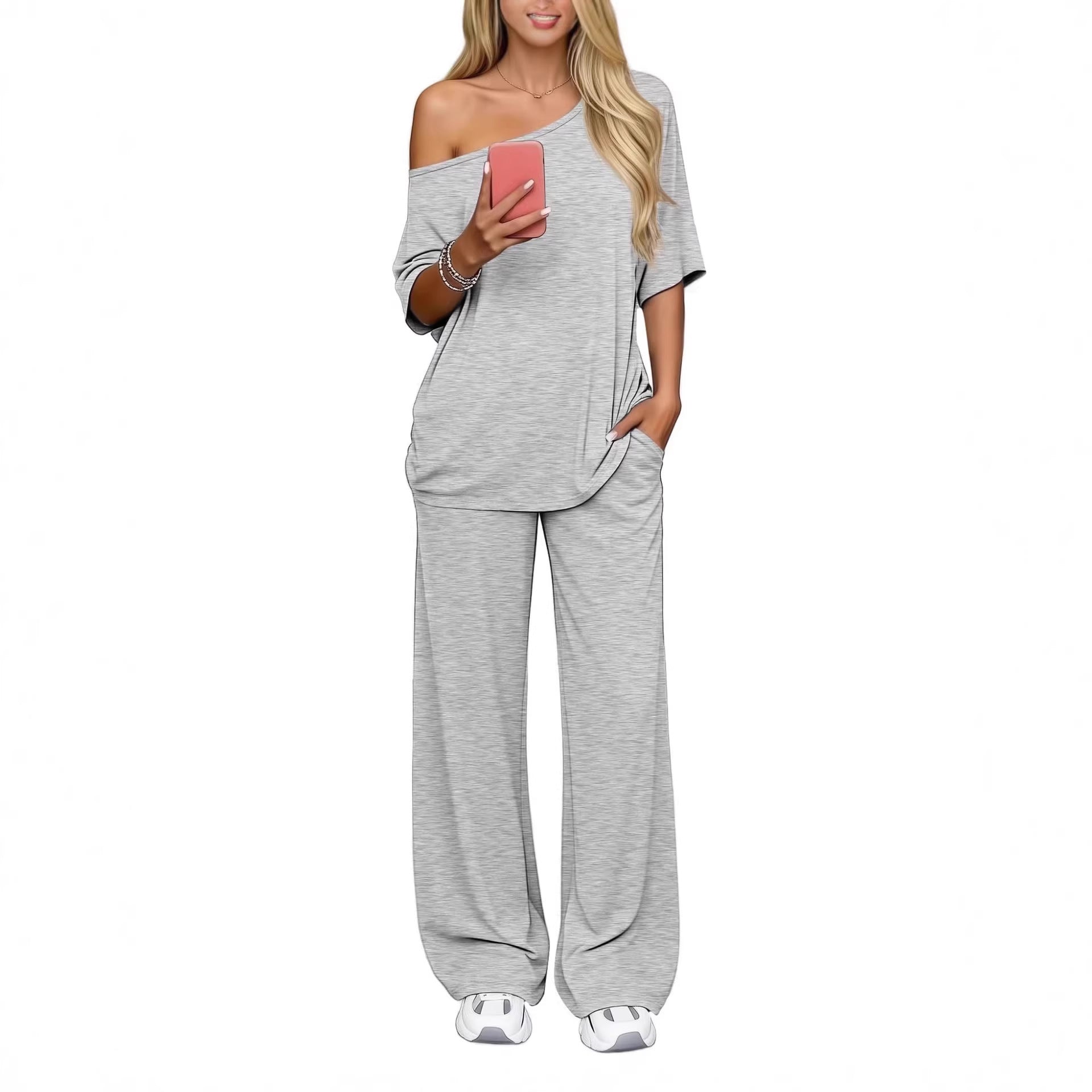 Off-shoulder Loose Casual Short-sleeve Top And Wide-leg Pants Two-piece Set