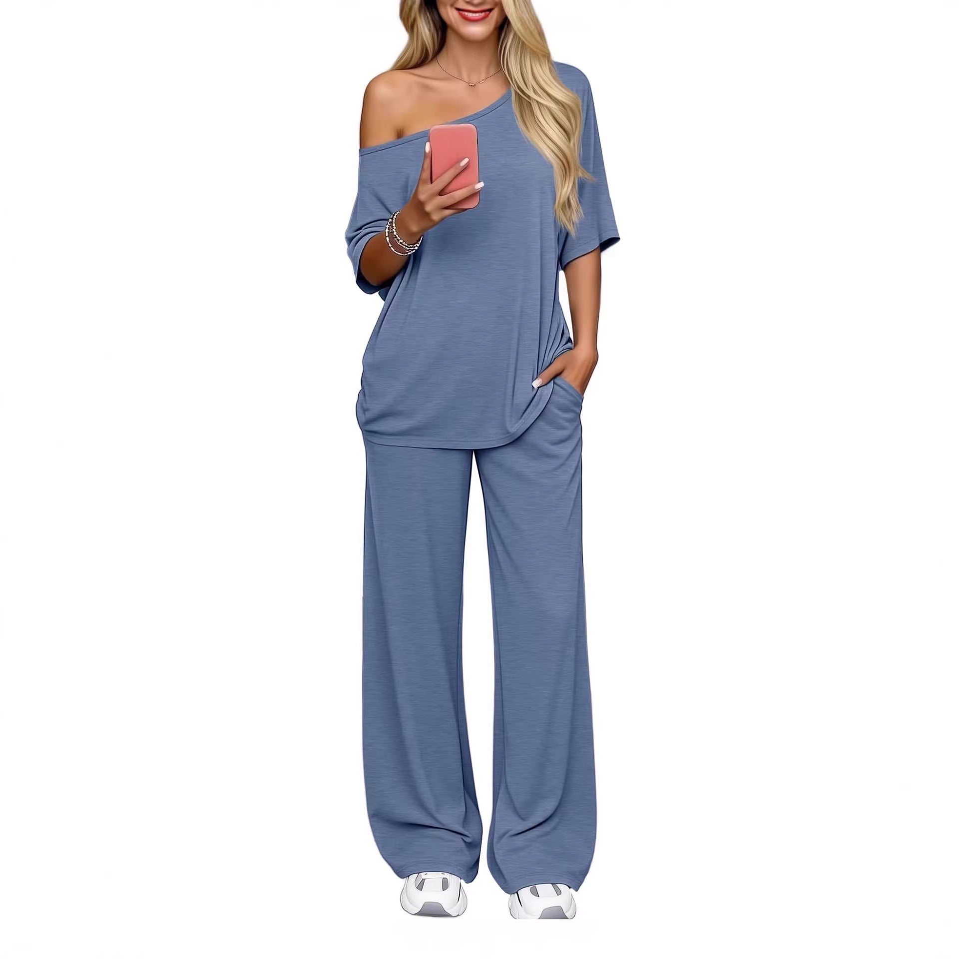 Off-shoulder Loose Casual Short-sleeve Top And Wide-leg Pants Two-piece Set