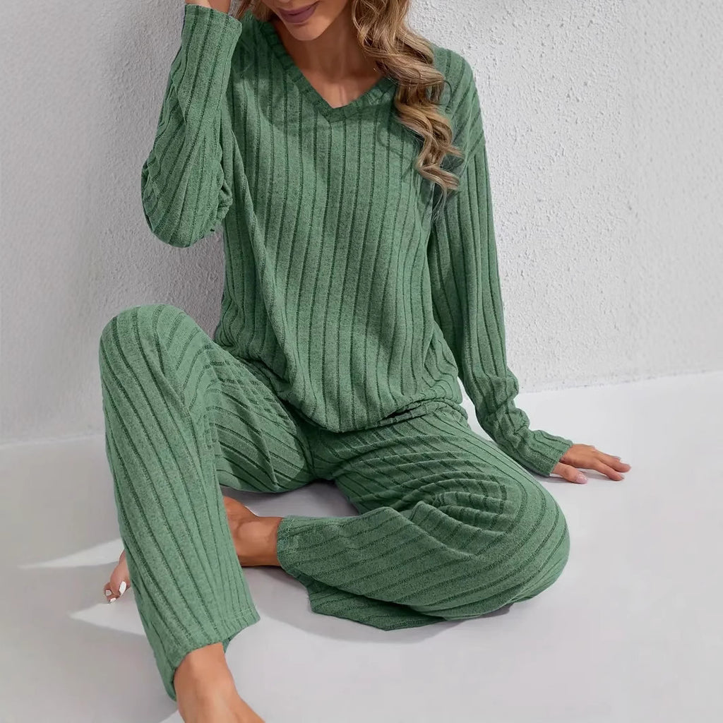 Ribbed Long-Sleeve Top And Pants Casual Comfortable Womens Loungewear Set