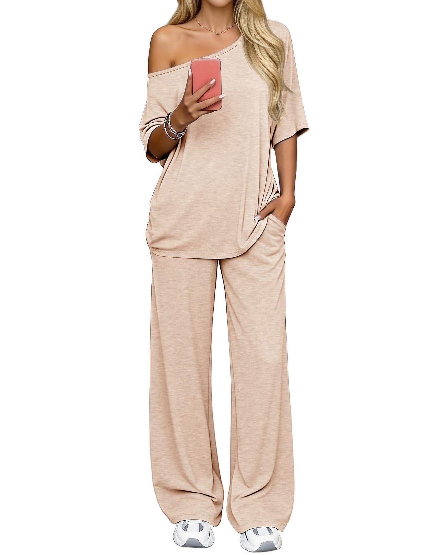 Off-shoulder Loose Casual Short-sleeve Top And Wide-leg Pants Two-piece Set