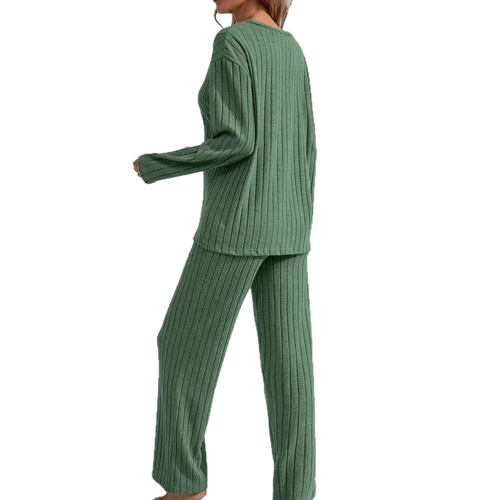 Ribbed Long-Sleeve Top And Pants Casual Comfortable Womens Loungewear Set