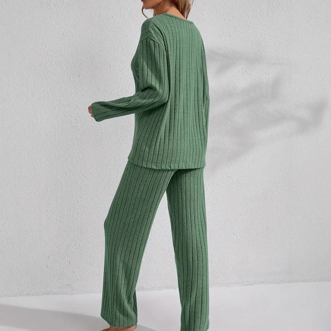 Ribbed Long-Sleeve Top And Pants Casual Comfortable Womens Loungewear Set