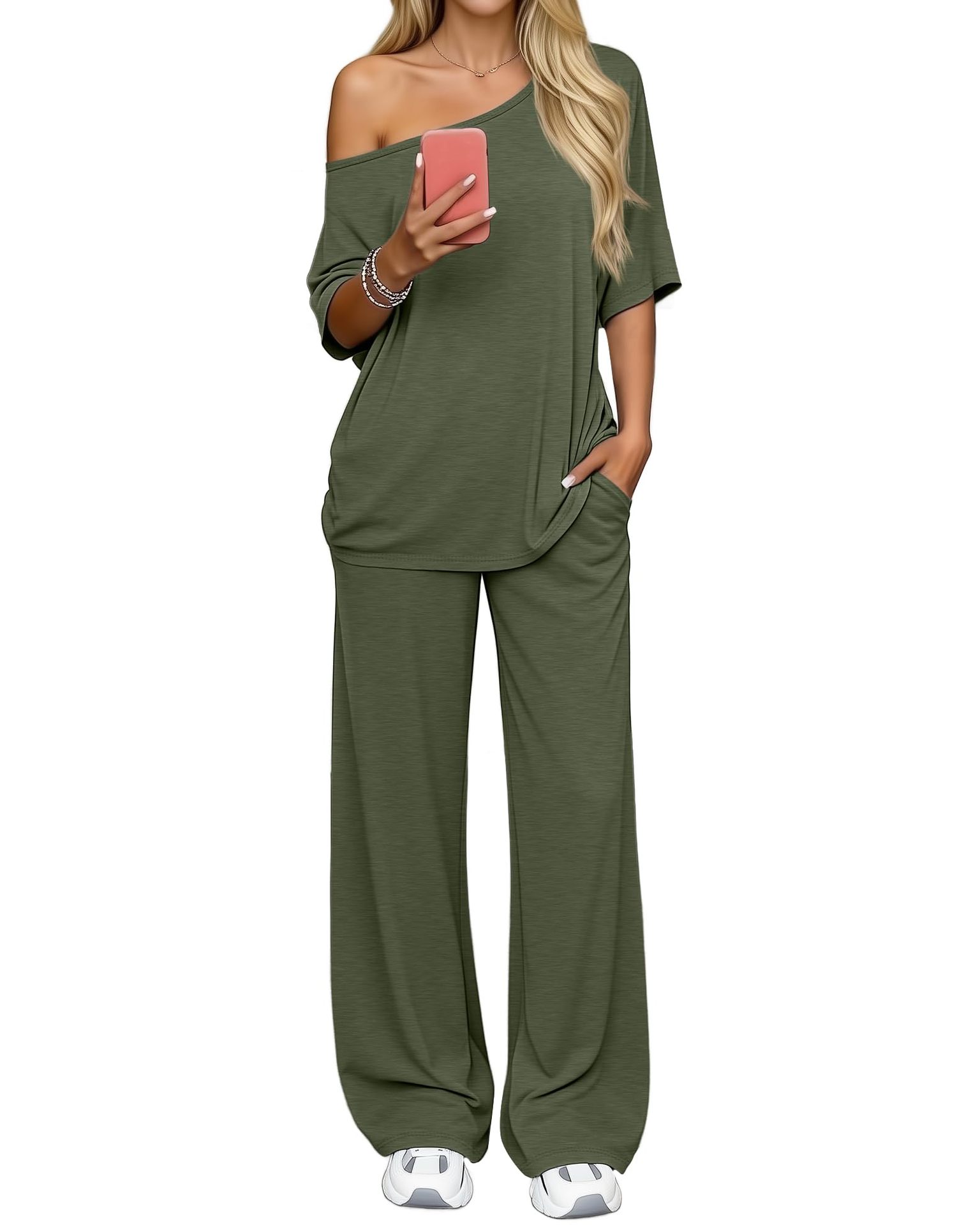 Off-shoulder Loose Casual Short-sleeve Top And Wide-leg Pants Two-piece Set